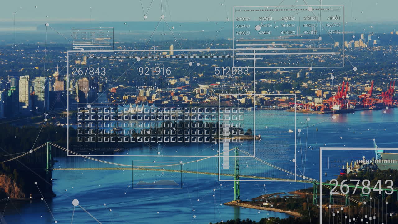 도시 풍경 위의 데이터 처리 애니메이션