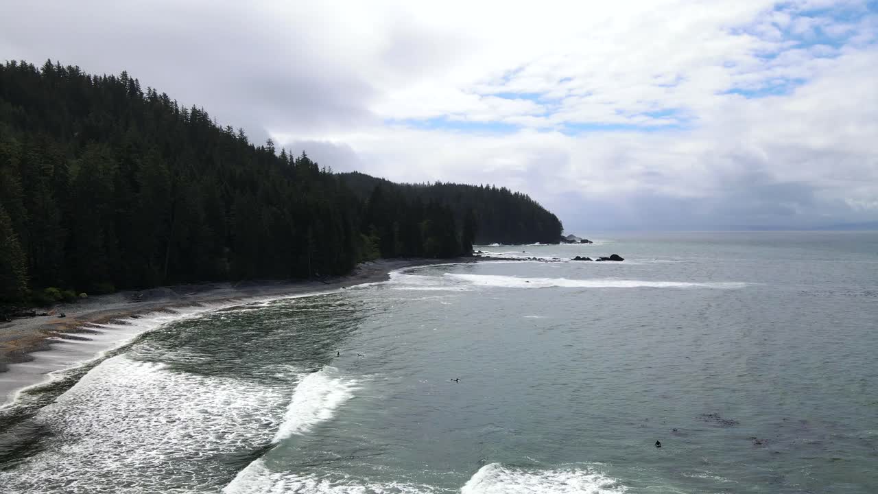 Drone slowly flying along Sombrio beach on Vancouver Island during a cloudy spring morning