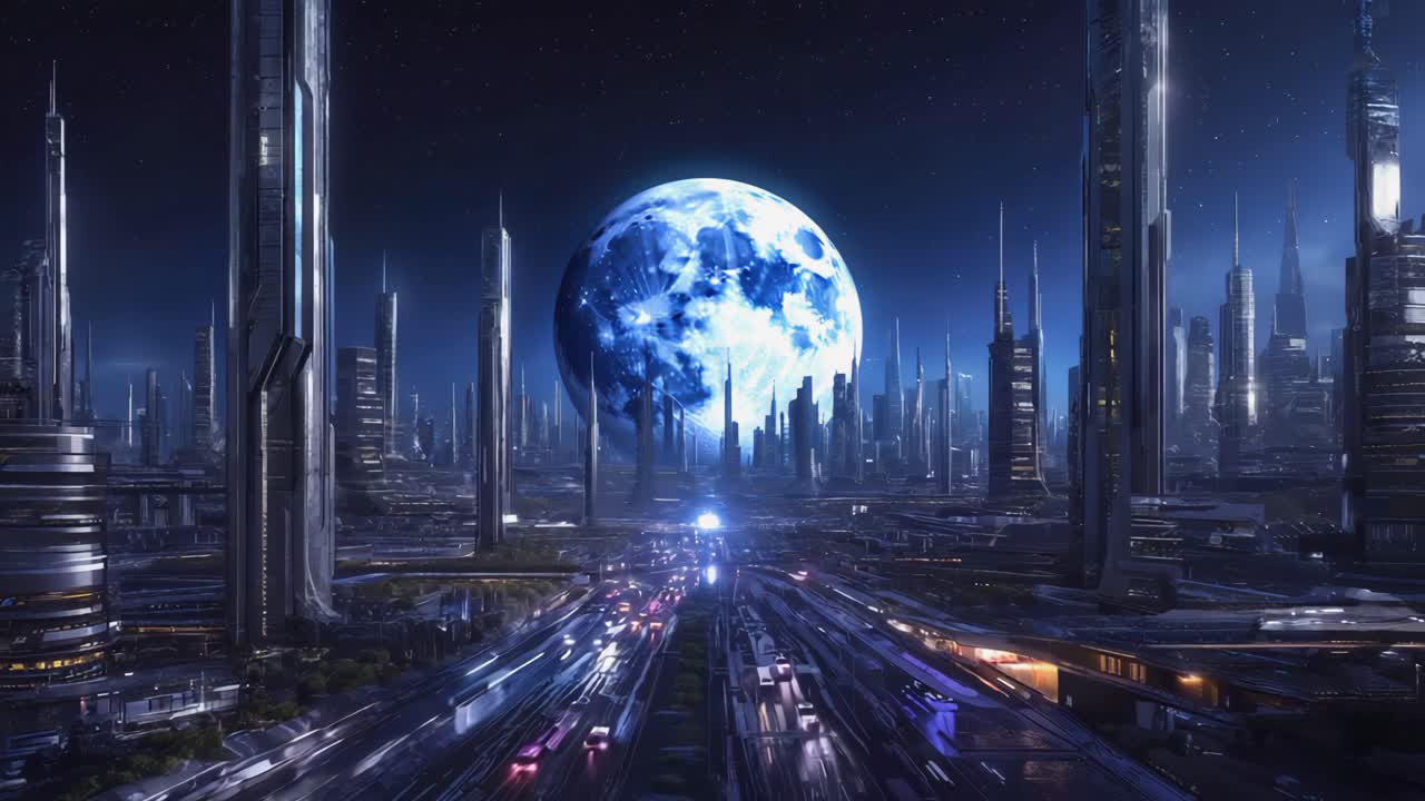 Futuristic Cityscape with a Giant Moon