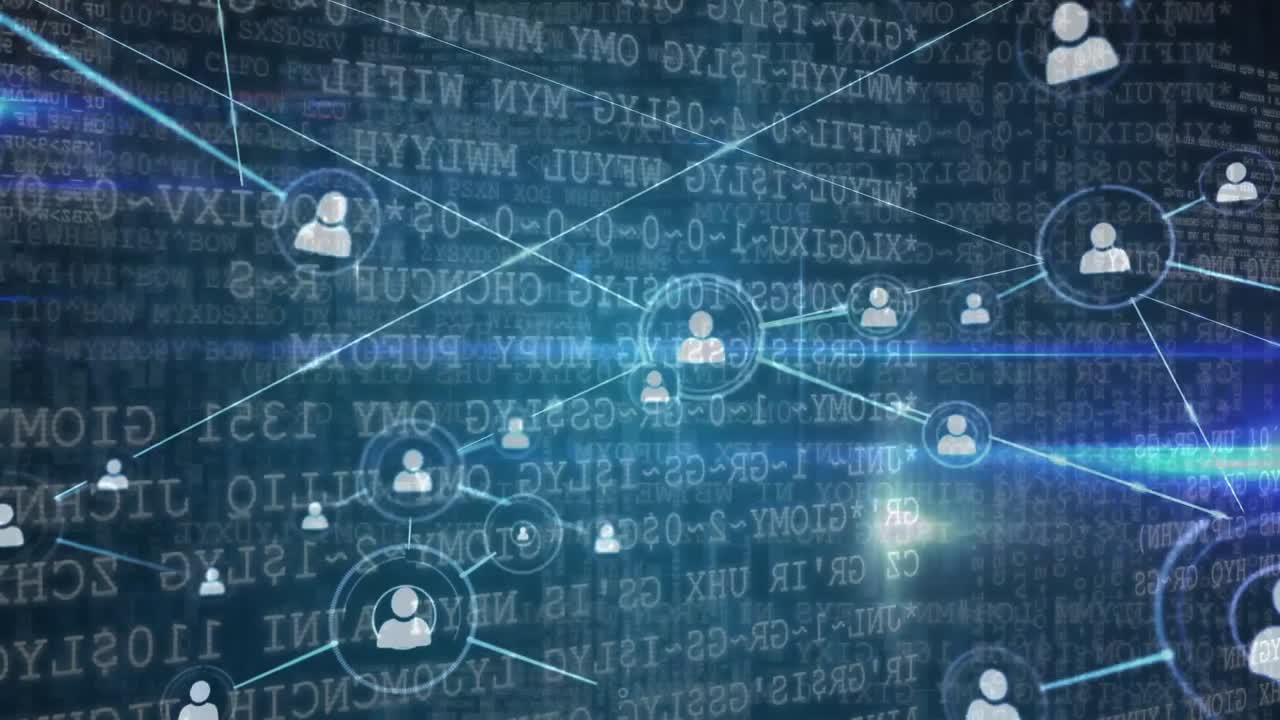 Person icons connected by lines against stream of data