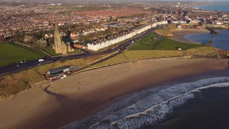 Tynemouth Longsands and Cullercoats Beach aerial drone perspective of coastline