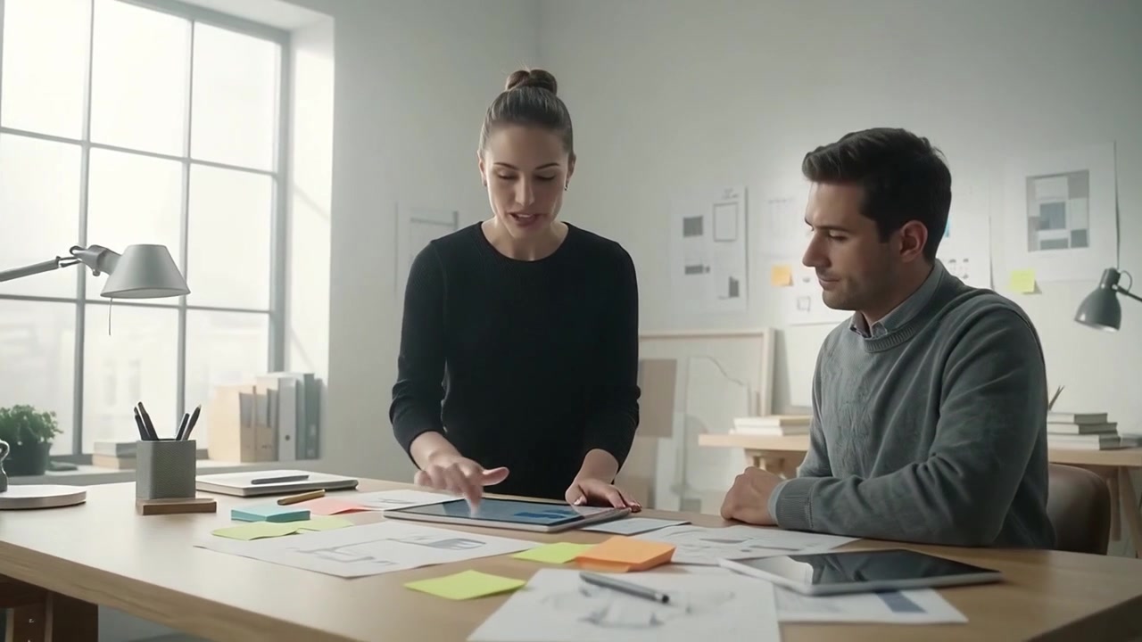 Colleagues Collaborating on Mobile App Design in Modern Office