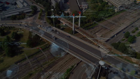 animación del procesamiento de datos frente a la vista aérea del tráfico de la ciudad.