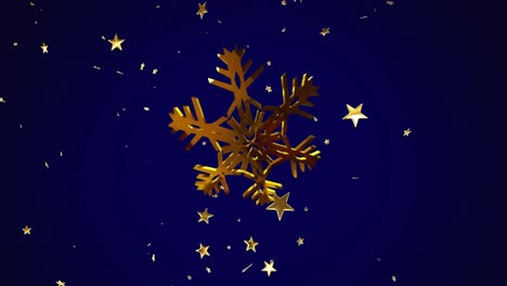 Animation-of-christmas-gold-stars-and-snowflakes-falling-on-blue-background