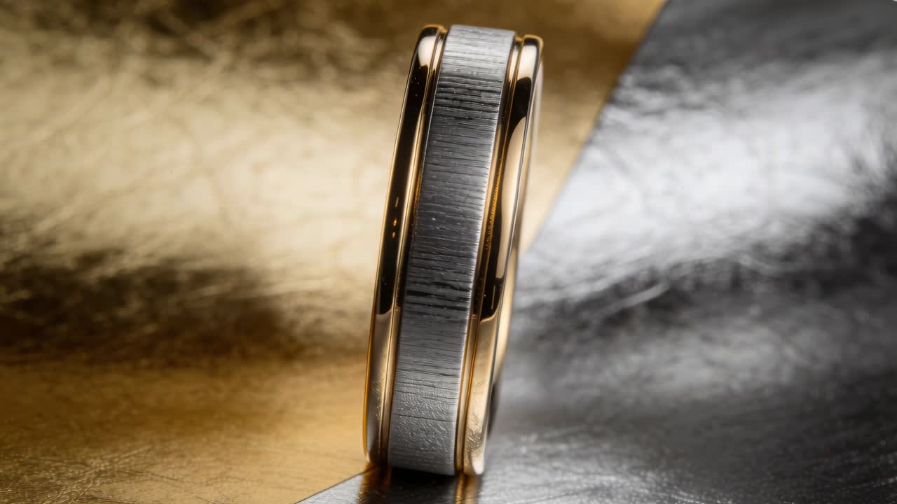 Anello che ruota su un giradischi, rivelando una fascia d'argento spazzolato e un interno d'oro per pubblicità di gioielli.