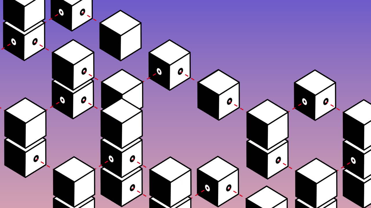 파란색 배경 위에 검은색과 색 사각형의 애니메이션