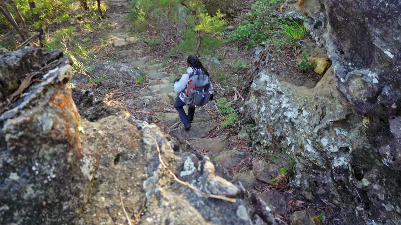 호주 뉴 사우스 웨일즈 블루 마운틴 국립 공원에서 험상을 타고 계단을 내려가는 호주 원주민 소녀