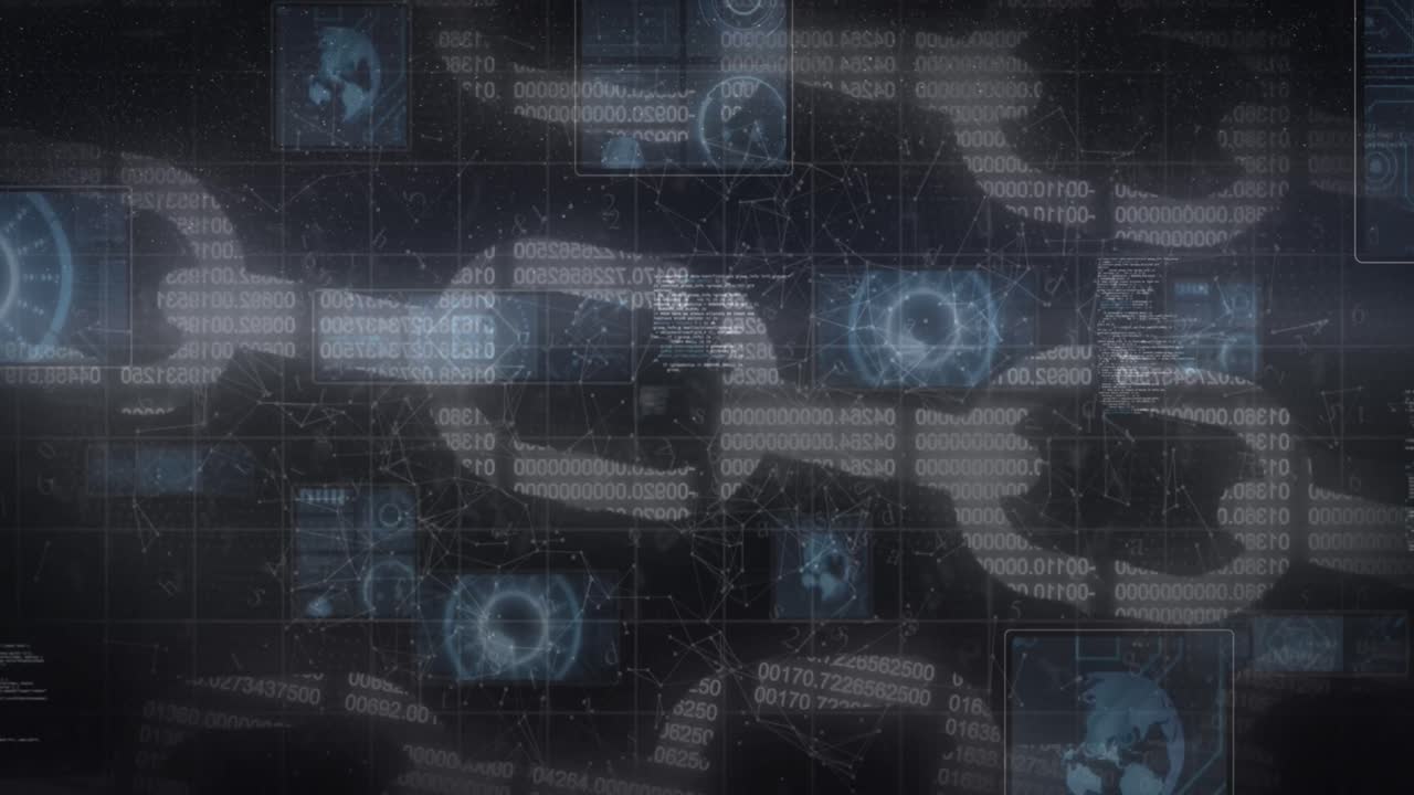 Animation af data på digitale skærme, der bevæger sig over blockchain og en sort baggrund.