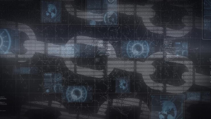 Animation af data på digitale skærme, der bevæger sig over blockchain og en sort baggrund.