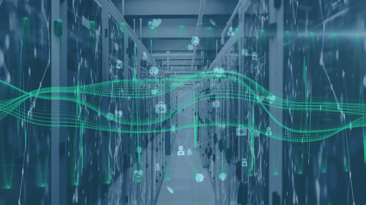Animation of medical icons and shapes over server room