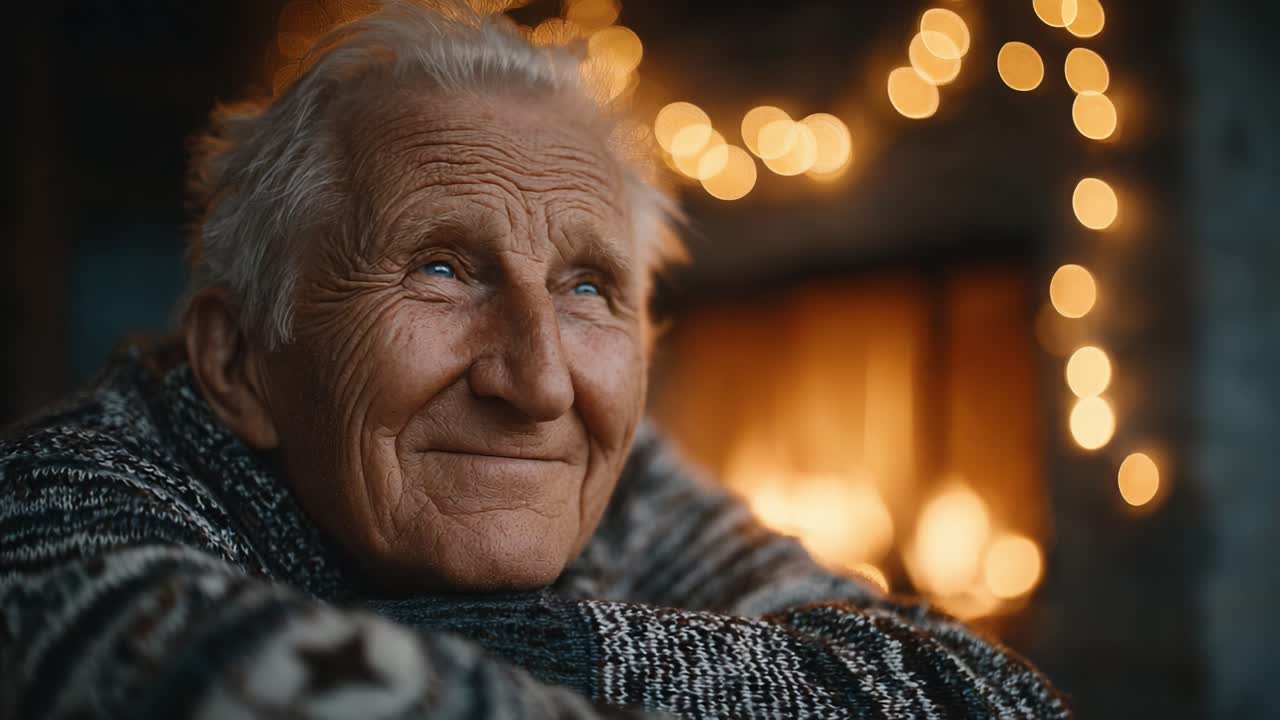 A smiling elderly man gazes thoughtfully, embodying warmth and contemplation, surrounded by a cozy atmosphere lit by soft, glowing lights and a crackling fireplace