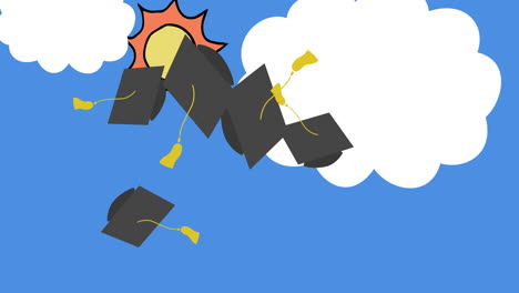 digital image of college graduation hats thrown in the air under a sunny sky.