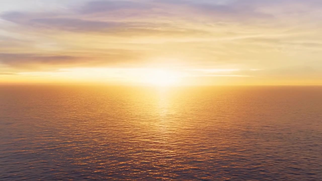 Bright sunrise glows above calm open water, casting golden reflections across gentle ripples beneath soft cloud layers and pastel sky, creating serene seascape mood, with ocean, sea, horizon