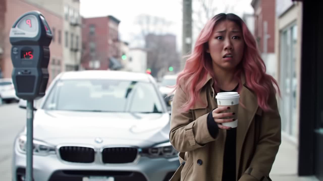 Caught in a Moment: A Young Woman with Pink Hair Rushes Down the Street While Holding a Coffee Cup, Trailed by the Anxiety of a Fleeing Situation
