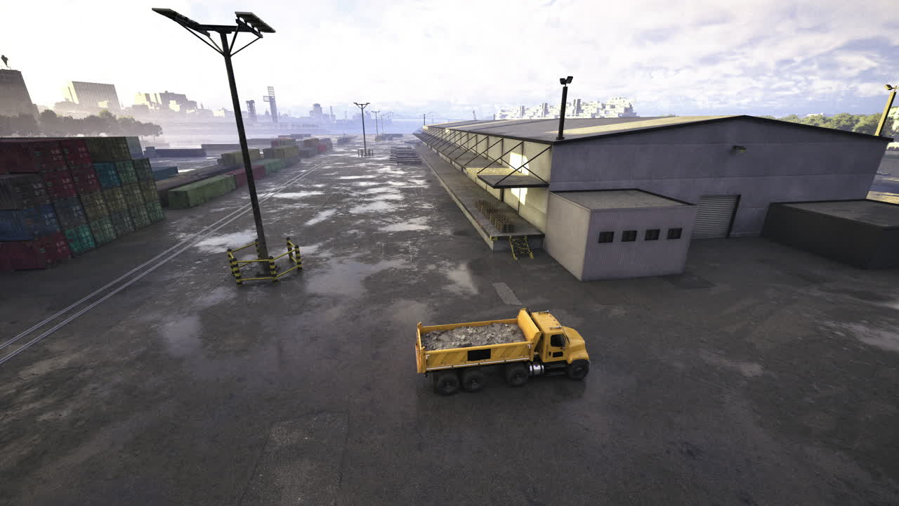 Trucking through an industrial port area with cargo containers in view