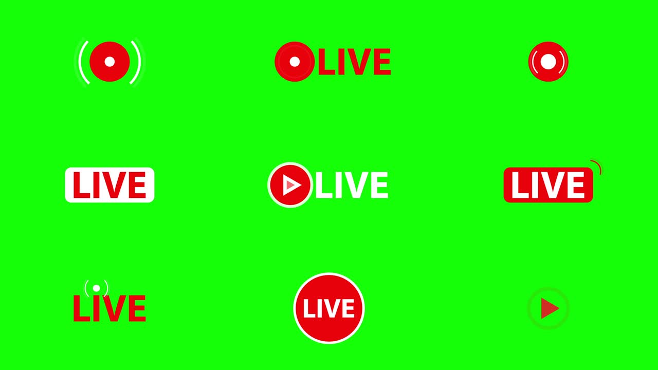 Animeret sæt af live streaming-ikoner på grøn skærm.