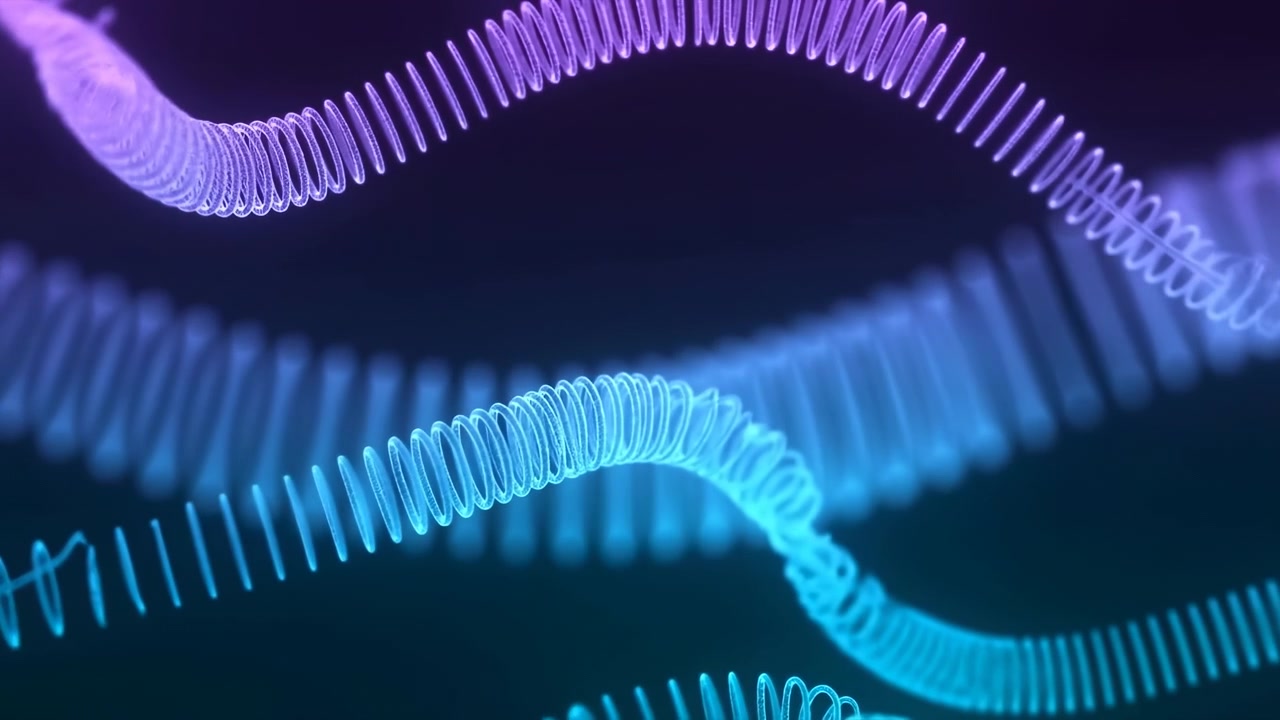 Multiple luminous spiral lines drift and bend from side to side, forming overlapping wave shapes in cyan and purple tones against deep blue space with selective focus and smooth movement.