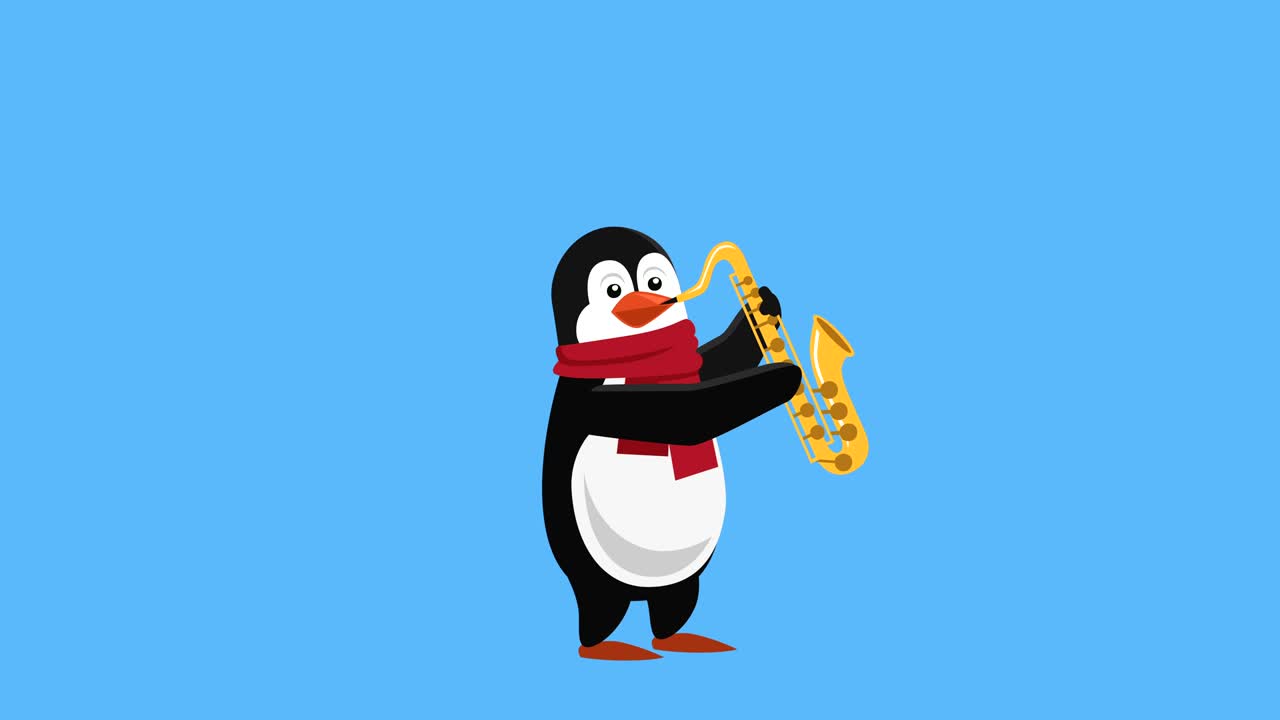 dibujos animados pequeño pingüino plano de navidad personaje música tocar saxofón animación con matte
