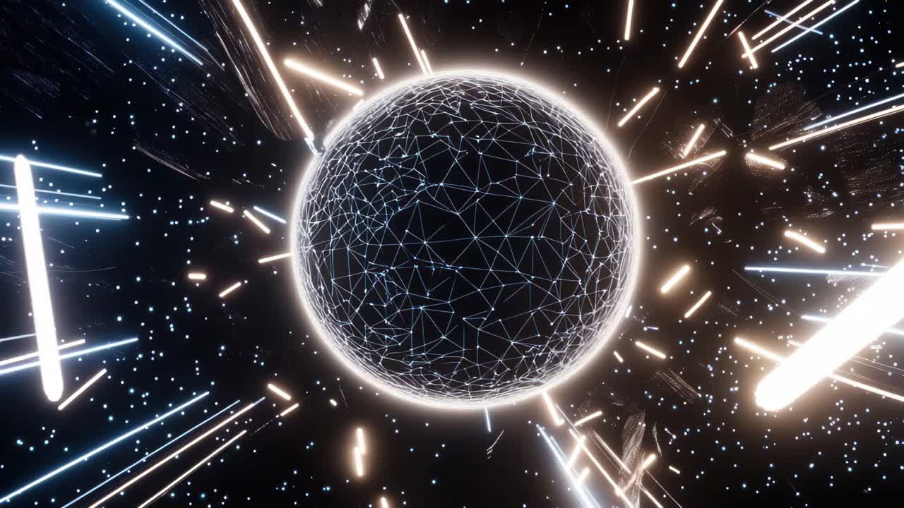 Futuristic video concept with a glowing wireframe sphere at the center