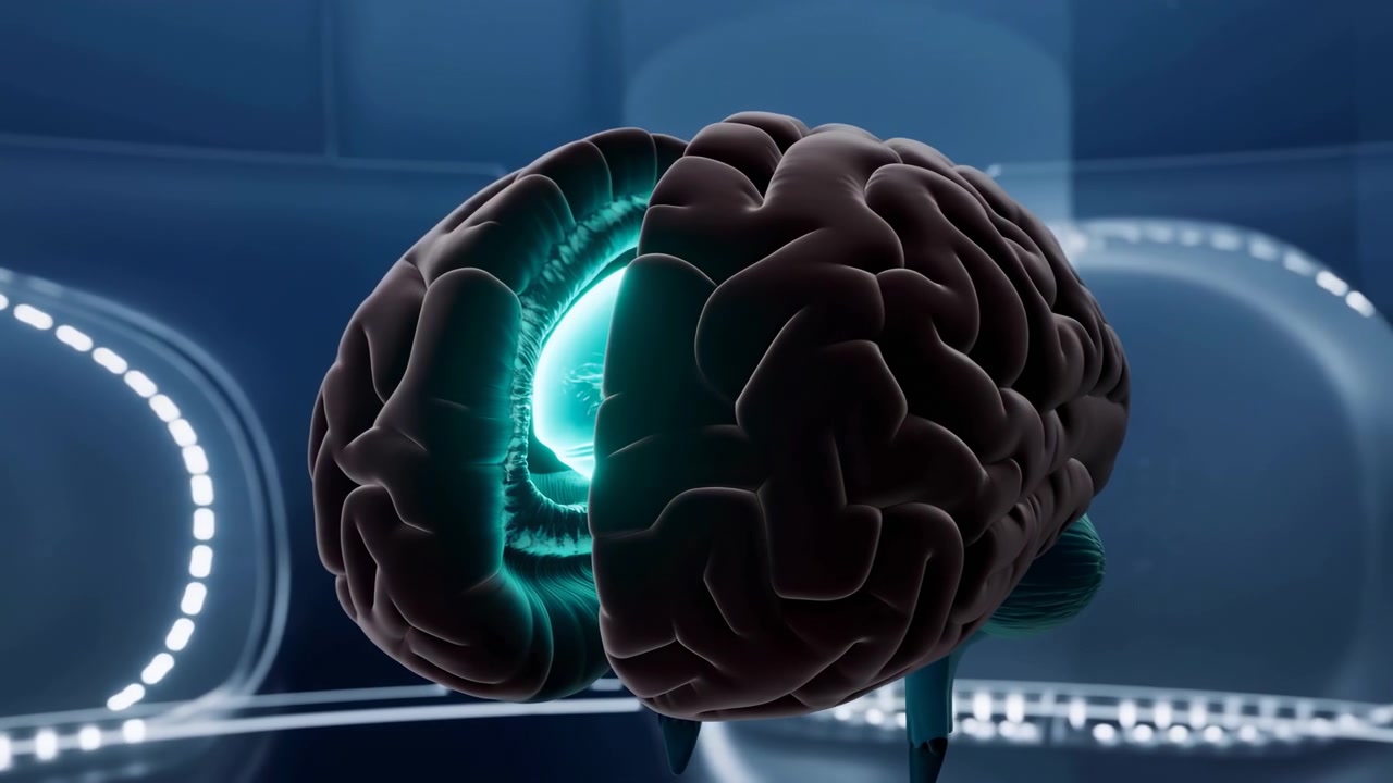 Close-up of a dark human brain model centered against a sleek blue background with glowing curved light elements, creating a clinical science and technology