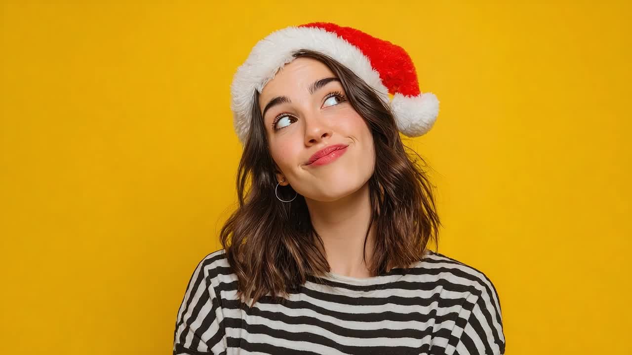 Young woman in Santa hat makes playful expression against yellow background
