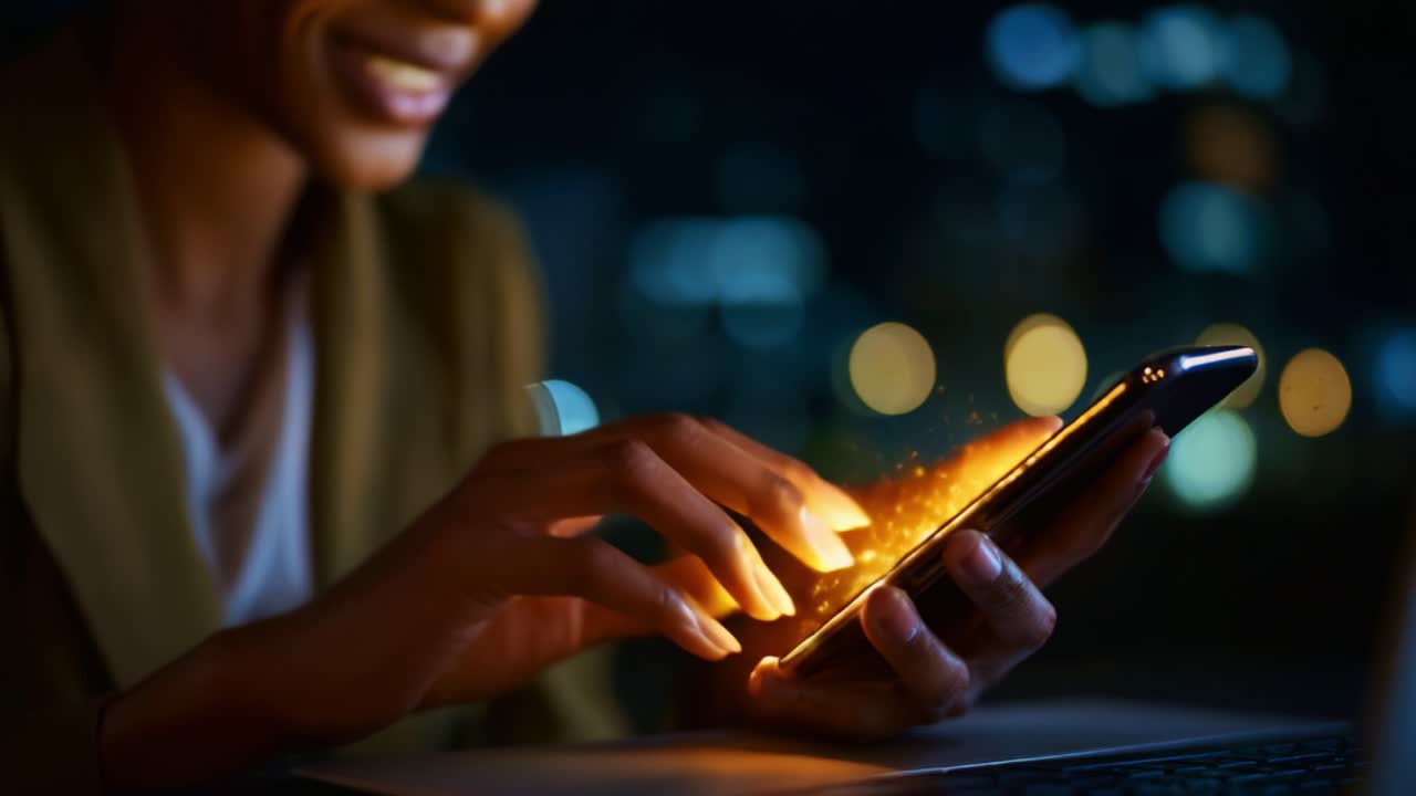 Donna con smartphone di notte, che emette particelle luminose in un ambiente urbano dinamico, catturando l'essenza della connettività e della tecnologia moderne
