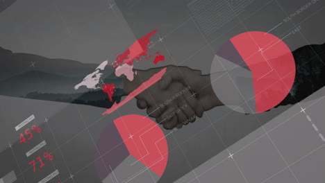 animation of statistics and data processing over businessman handshake