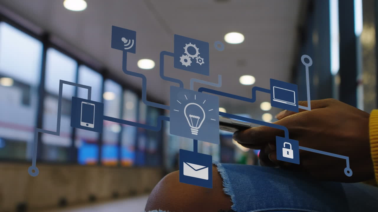 Animation of media icons over african american businesswoman using smartphone