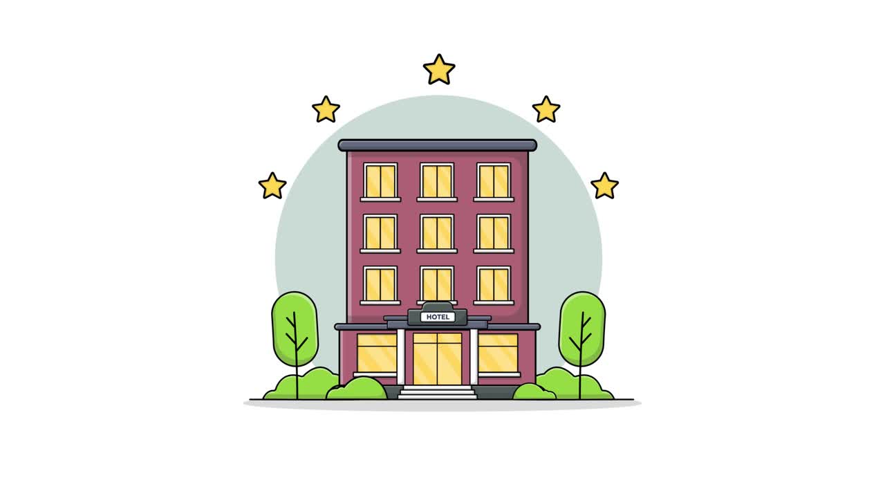 Illustrazione animata di un hotel in crescita che riceve stelle