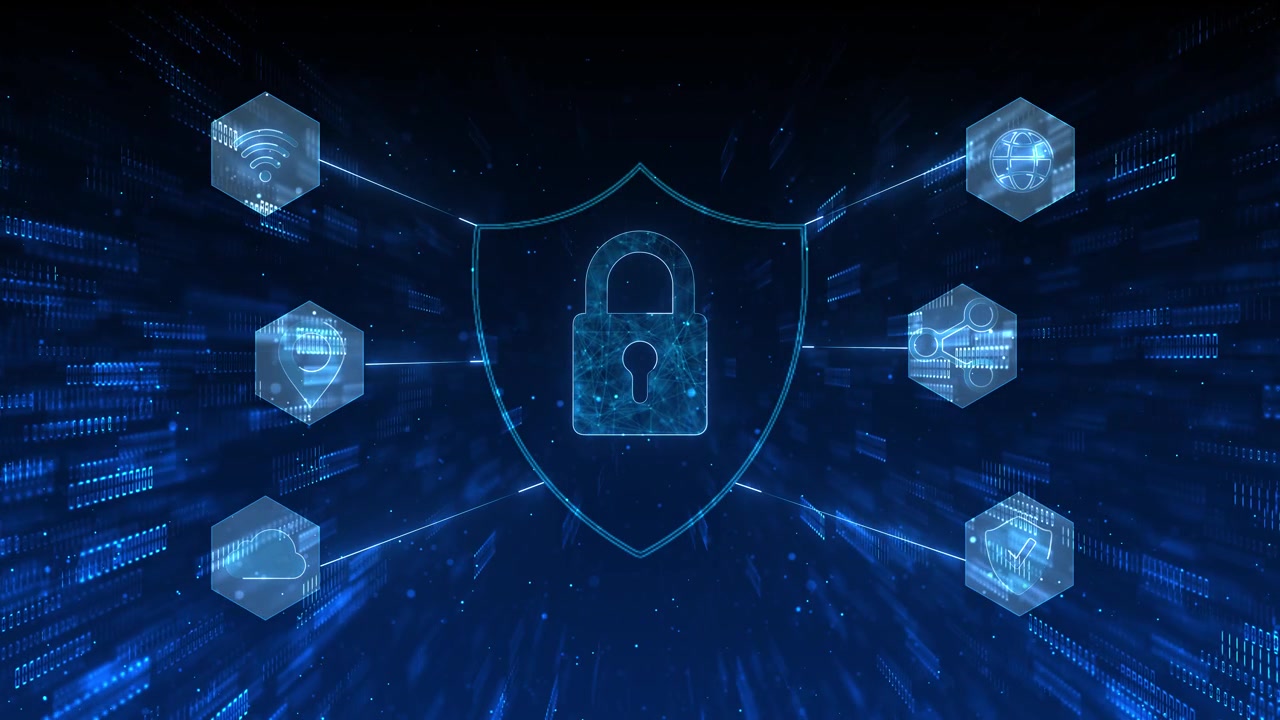 Cyber security shield lock background with glowing blue icons cloud globe share and location symbols