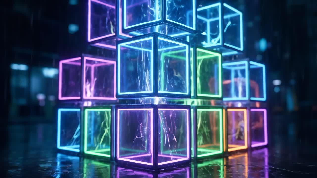 Futuristic Neon Cubes with Electric Sparks and Changing Colors