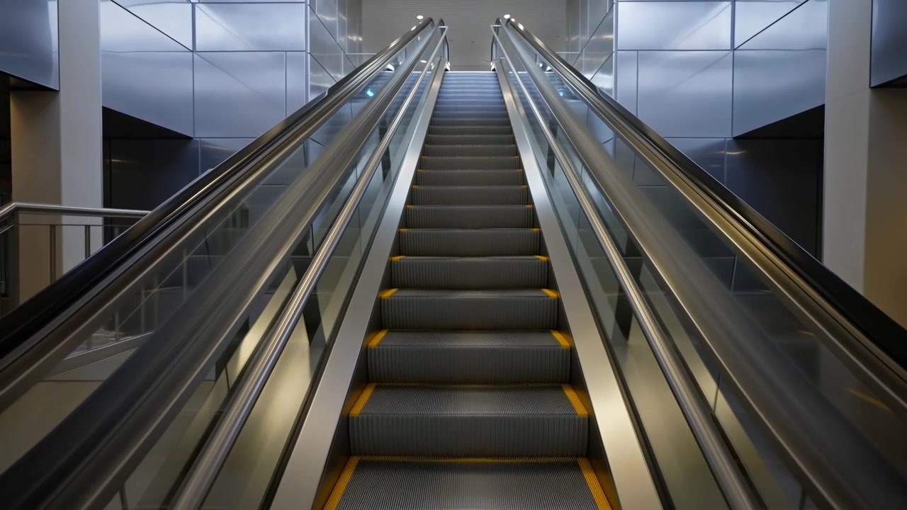 Centreret nærbillede fra bunden af en rulletrappe, der stiger op mellem glasbalustrader og polerede rustfri gelændere. Metaltrin med gul kant.
