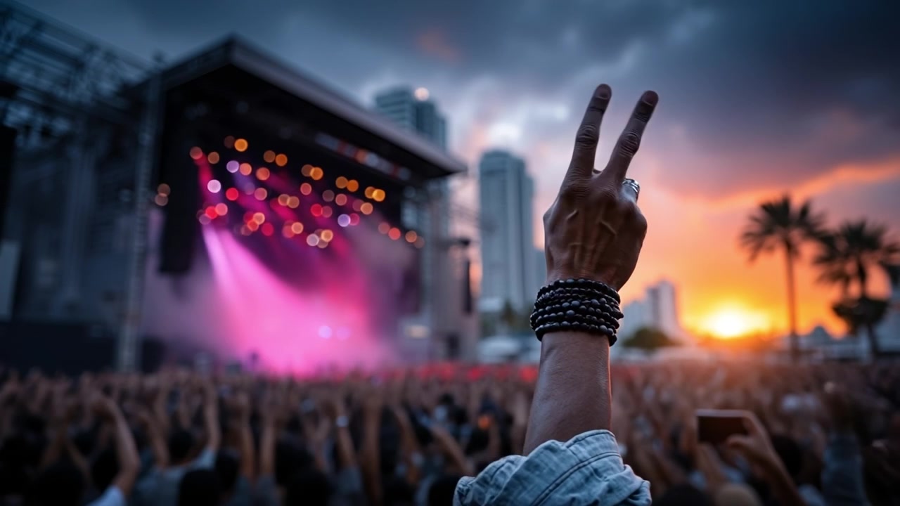 Folla di un festival musicale al tramonto con una mano alzata nel segno della pace verso il palco.