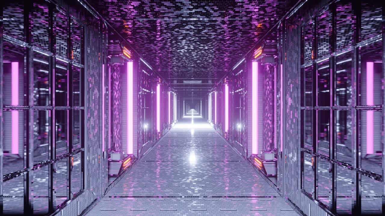 끝에서 깜박이는 흰색 빛을 향해 긴 얼룩덜룩한 거울 복도 안에 있는 밝은 보라색 네온 불빛의 앞으로 움직이는 모션 그래픽 공상 과학