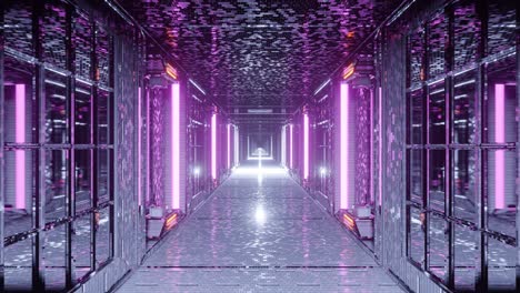 Forward-moving-motion-graphics-sci-fi-of-bright-purple-neon-lights-inside-long-speckled-mirror-corridor-towards-flashing-white-light-at-end