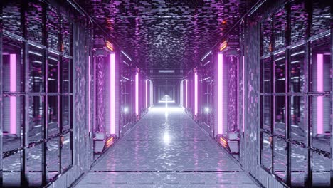 forward moving motion graphics sci fi of bright purple neon lights inside long speckled mirror corridor towards flashing white light at end