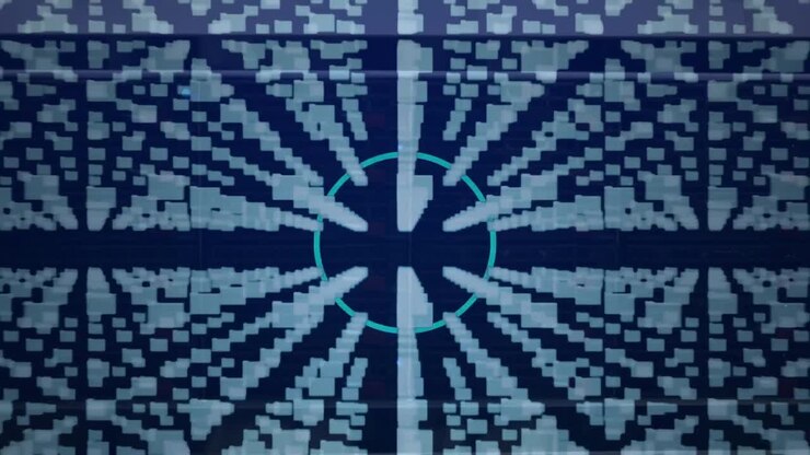 Animation of rows of folder icons, padlock and data processing over circuit board