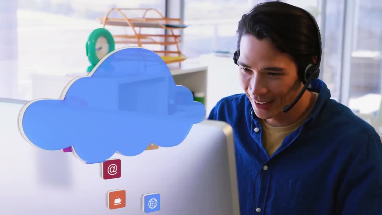 animación de un hombre asiático riendo con auriculares sobre iconos a su lado