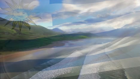 Digital-composition-of-waving-uruguay-flag-against-aerial-view-of-the-beach-and-the-sea