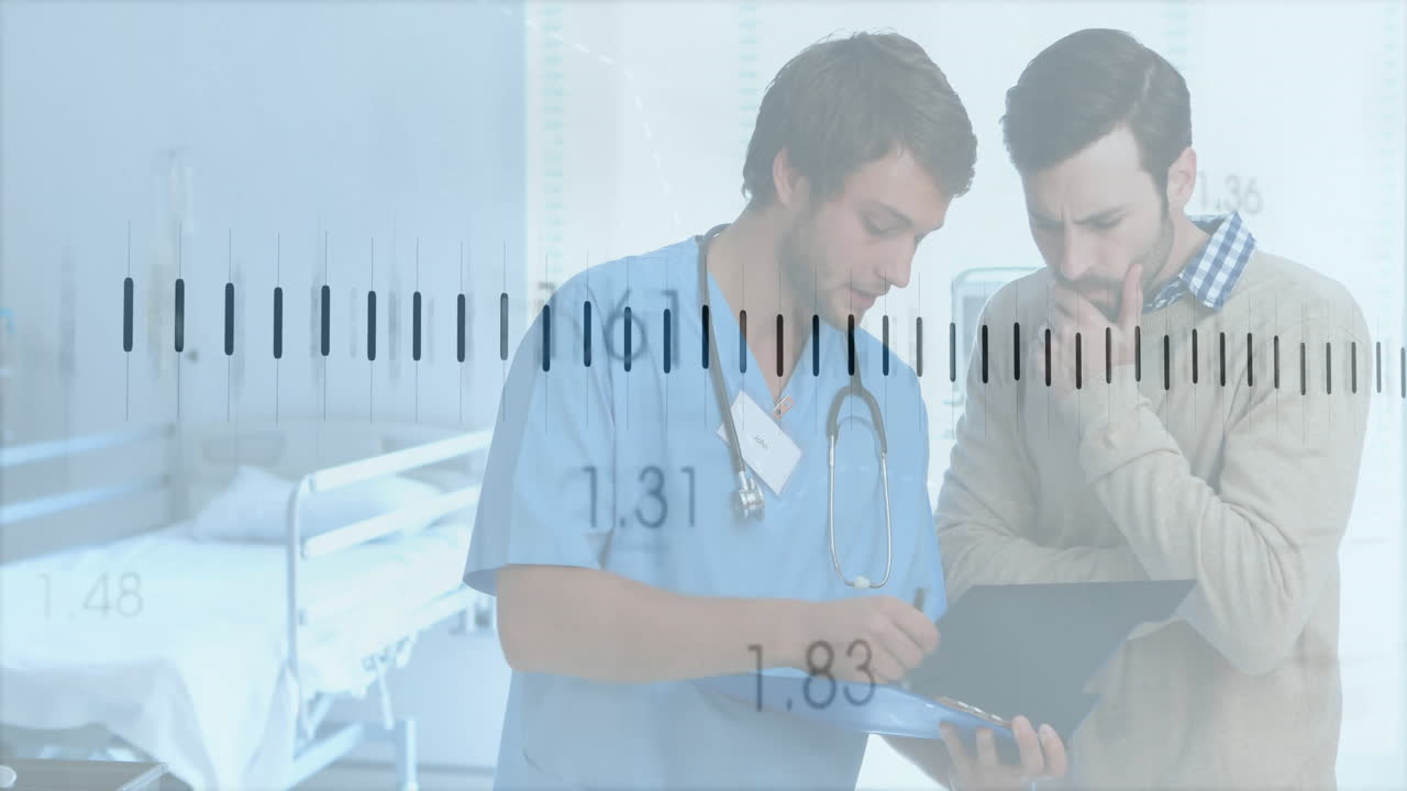 Discussing medical chart with concerned man, healthcare professional in office setting