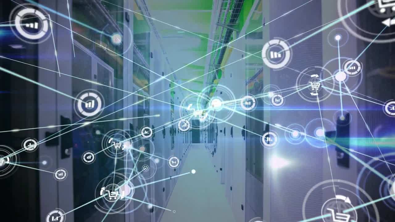 Animation of network of connections with icons over server room