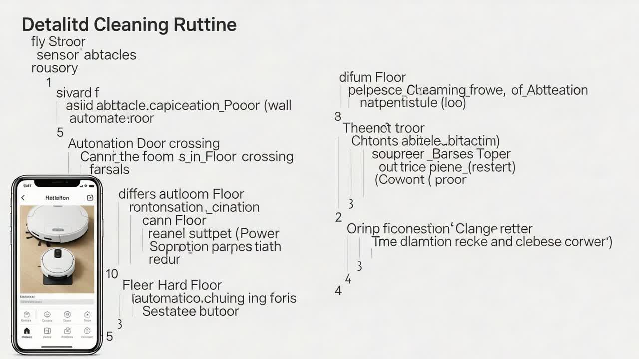 Detailed Cleaning Routine for Automated Floor Maintenance and Smart Device Operation, Featuring Sensor Technology and Efficient Cleaning Strategies