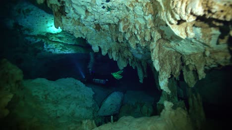 divers explore an underwater cenote off the coast of mexico's yucatan peninsula