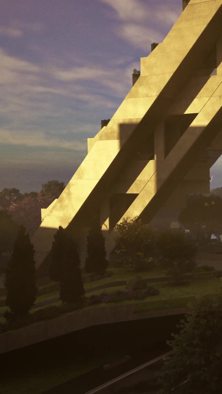 A large concrete building emerges against the evening sky