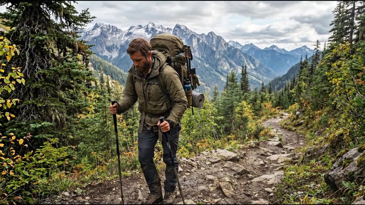 Male hiker standing on a mountain trail above a scenic valley for family wellness and everyday living concepts