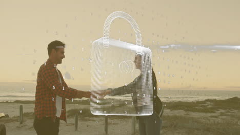 Two people shaking hands on beach with digital padlock animation overlay