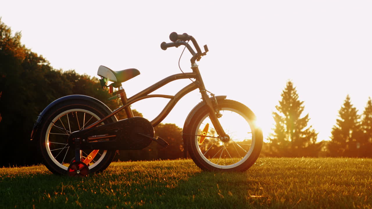 일몰 개념에서 푸른 잔디에 어린이 자전거 - 노스탤지어 어린 시절의 꿈