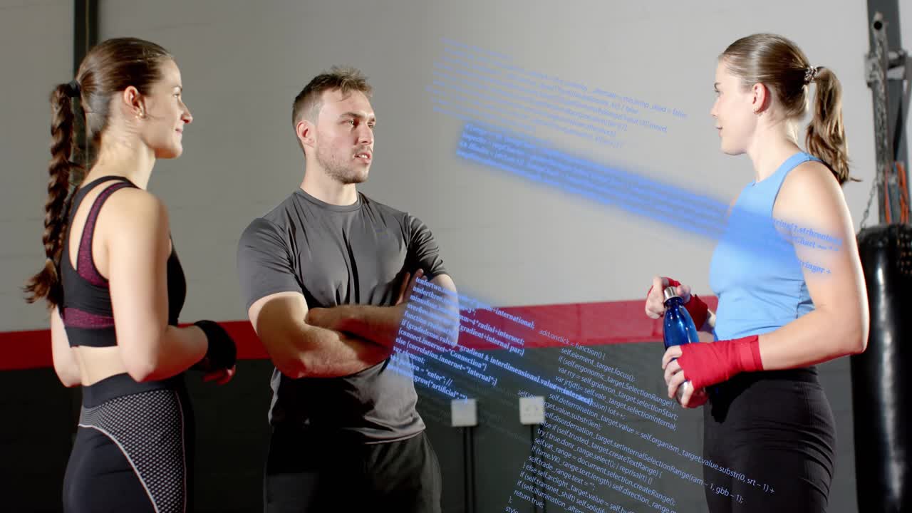 Coach talking starting boxing break while duo drinking fixing wraps returning with blue bar