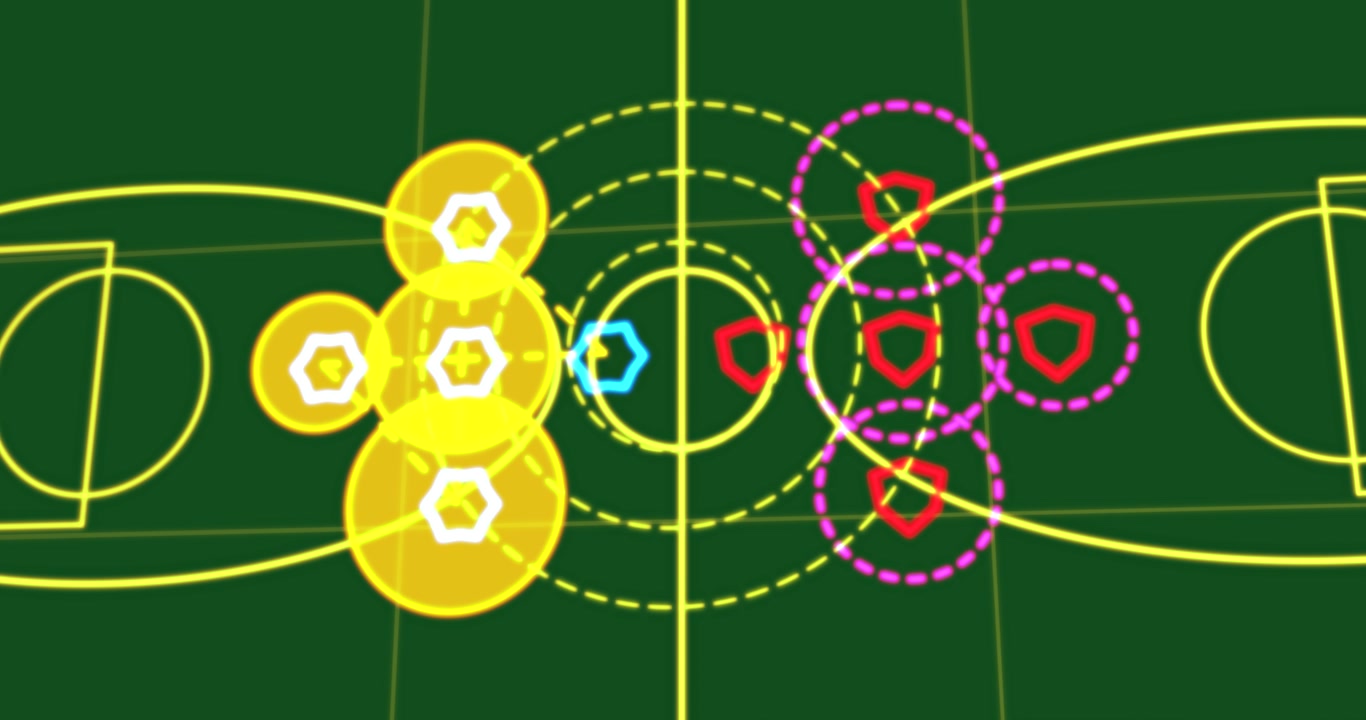 After pulse, blue tokens grouping left, red shields gaining pink rings, marking zones; transparent