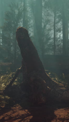 un tronco de árbol solitario se encuentra en un bosque de niebla